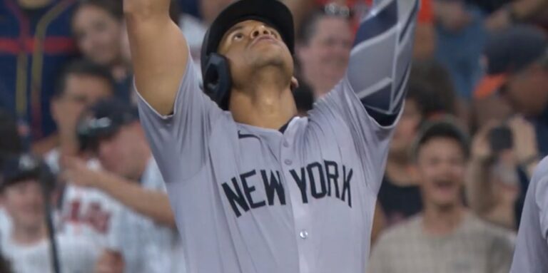 Juan Soto points to the sky after a game-winning hit