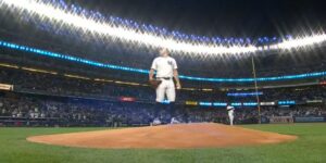 Rodon backlit by the Yankee Stadium lights