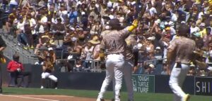 Luis Arraez celebrates a RBI single