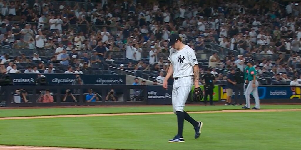 Cam Schlittler exiting to a standing ovation