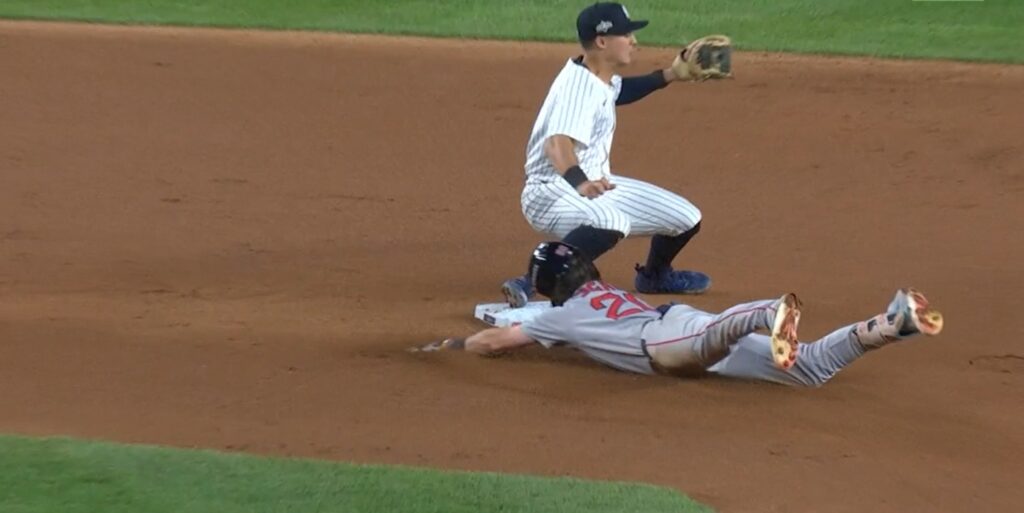 Eric Sogard slides into second with a double