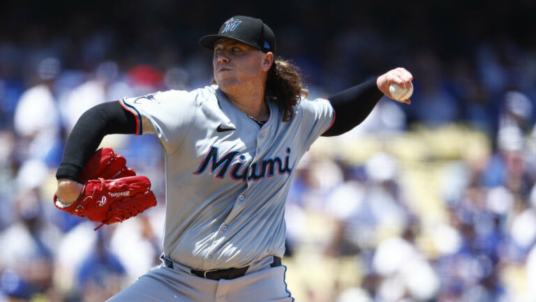 Ryan Weathers throws a pitch