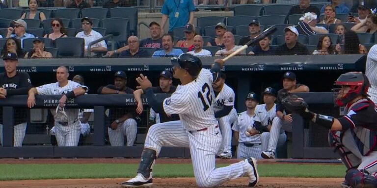 Trent Grisham falls to his knees as he hits a home run