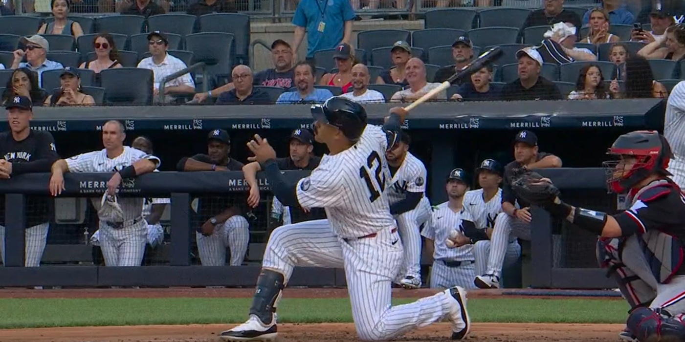Trent Grisham falls to his knees as he hits a home run